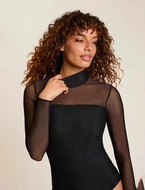 Chic Mesh Mockneck Covered Bodysuit_ Black