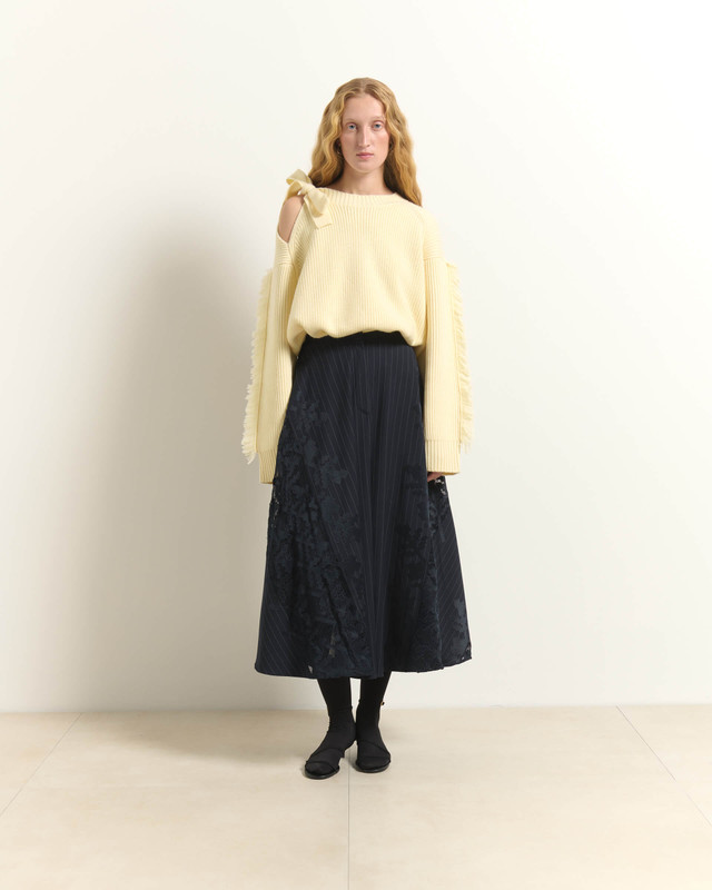 Pinstripe Lace Midi Skirt_ Dark Blue