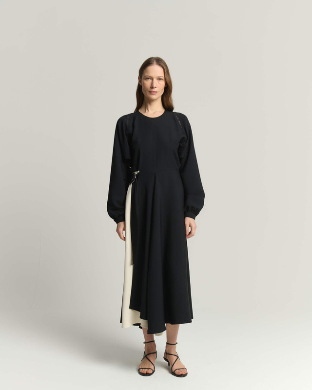Kimono Sleeve Lace Trim Dress_ Black