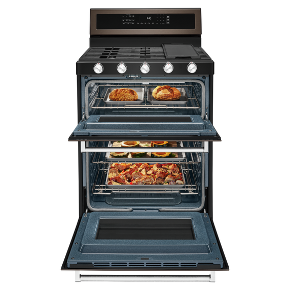 Kitchenaid® 30-Inch 5 Burner Gas Double Oven Convection Range KFGD500EBS