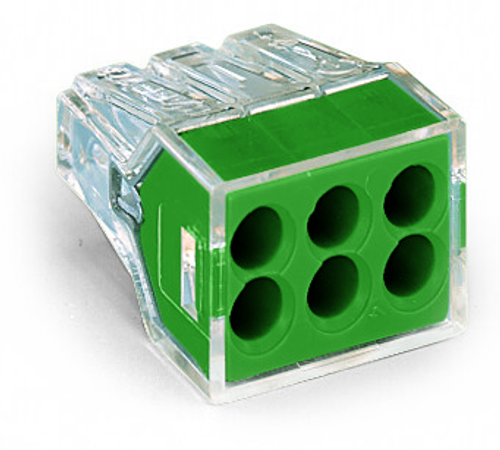 Wago (50 PK) 773-116 | PUSH WIRE connector for junction boxes, 6-conductor, transparent housing, green face