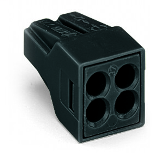 Wago (0 PK) 773-504 | PUSH WIRE connector for junction boxes, for solid and stranded conductors, max. 2.5 mm, 4-conductor, Black housing, black cover, Surrounding air temperature: max 60DegC, 2,50 mm2