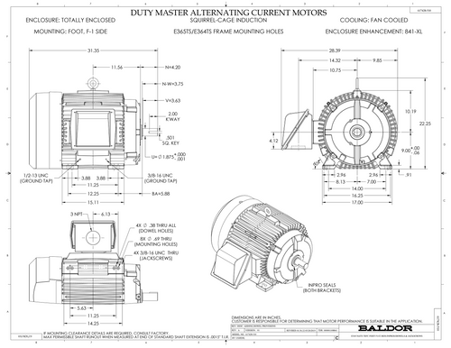 ABB Baldor ECP84313T-4 | 75HP, 3555RPM, 3PH, 60HZ, 365TS, TEFC, FOOT,