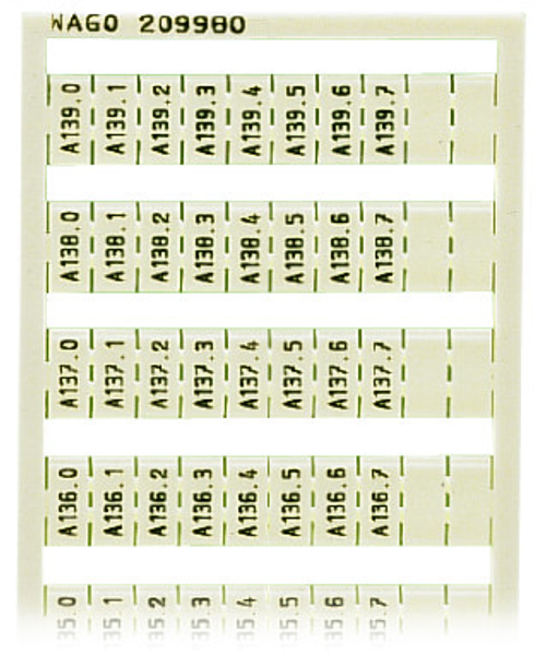 Wago 209-980 | WSB marking card, as card, MARKED, A130.0, A130.1, ..., A139.6, A139.7 (1 each), not stretchable, Vertical marking, snap-on type (5 PK)