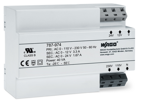 Wago 787-974 | EPSITRON transformer, input voltage 230 VAC, output voltage 24 VAC, 40 VA output power