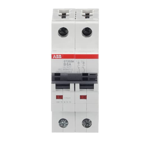 ST202M-B6 | MCB ST200M 2P B 6A UL1077, Number Of Poles: 2, Interrupt Rating: (240 V AC) 10 kA / (480Y / 277 VAC) 10 kA / (125 V DC) 10 kA, Trip Type: B, Amperage Rating: 6, Voltage Rating: (240 V AC) / (125 V DC)