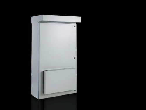 9980095 | The NEMA 3R Vented Outdoor Enclosure is a single door enclosure with a roof module and door hood. The configuration includes pre-drilled mounting holes and integrated cooling with fans and filters.Image_1