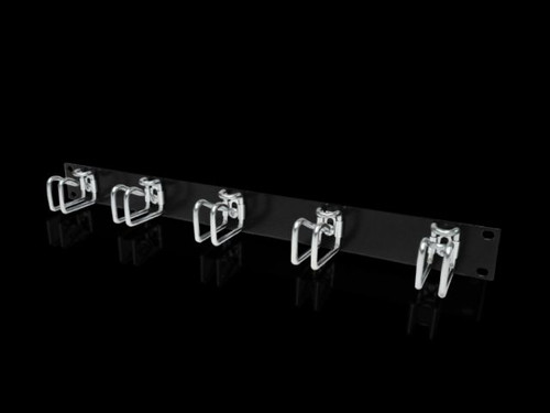 DK 5502205 | Cable management panel with steel brackets, For horizontal management of patch cables, with 5 cable routing brackets., Panel: Carbon steel Bracket: Steel, Panel: spray-finished Brackets: Zinc-plated, RAL 9005, W: 482.6mm, H: 43mm, D: 55mImage_1