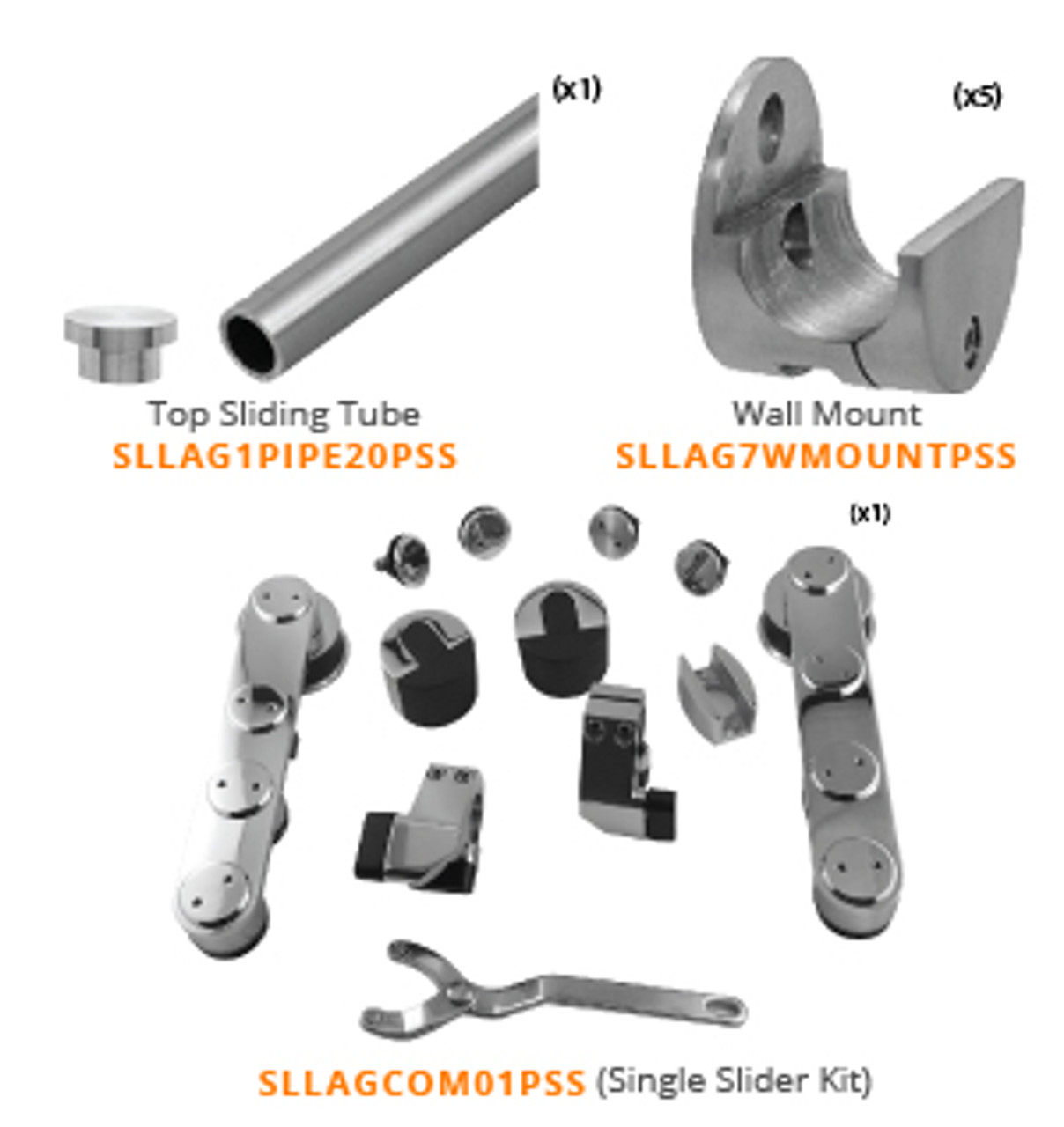 LAG SET A: WALL MOUNT SINGLE SLIDER KIT POLISHED STAINLESS STEEL