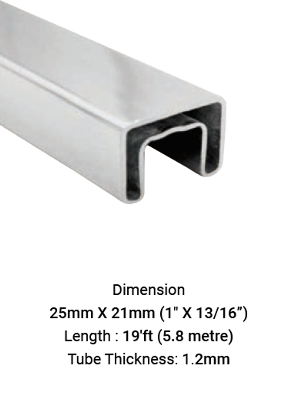 TU625211912S - BL TUBE SLOTTED SQ. FOR HANDRAIL 25 X 21 MM (19') SS316