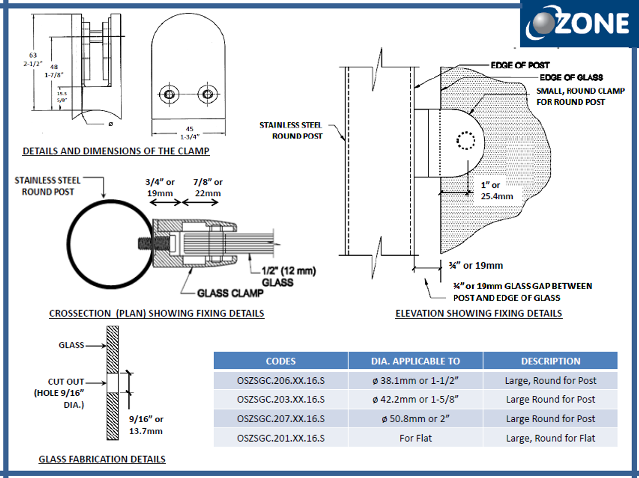 GC61024250RBS Glass Clip,Sm. Rnd. For 42.4mm 50MM X 40MM  SS316 