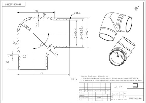 ELBOW 90 DEGREE IN SS316 FOR 42.4 DIA PIPE WITH 2.0 MM
