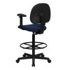 Navy Blue Patterned Fabric Ergonomic Drafting Stool with Arms (Adjustable Range 26''-30.5''H or 22.5''-27''H) , #FF-0513-14