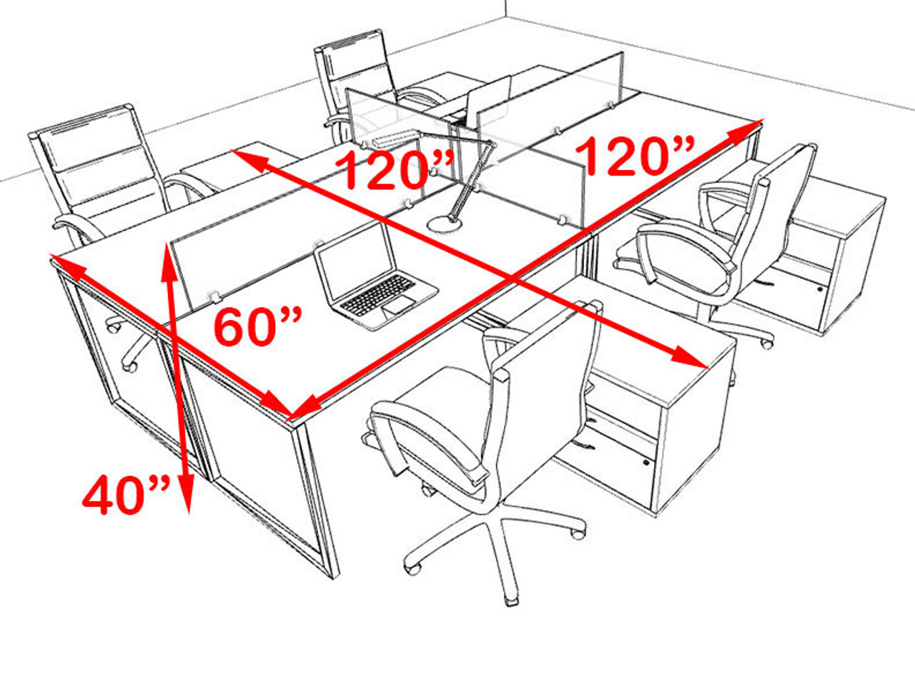 Four Person Modern Acrylic Divider Office Workstation, #AL-OPN-FP66