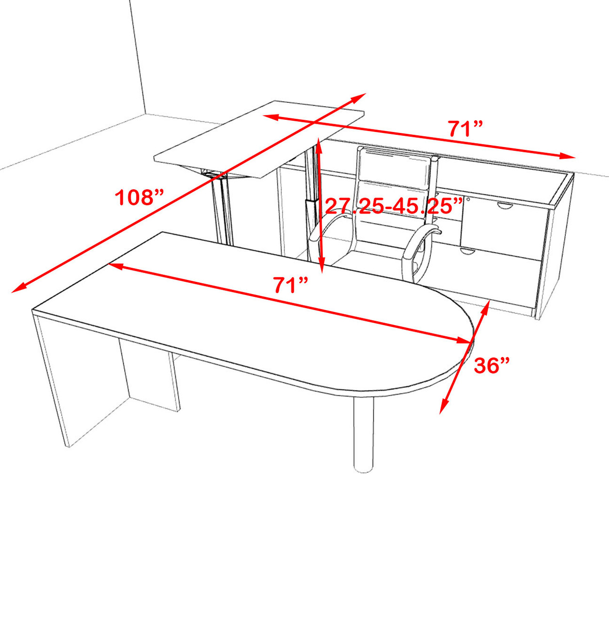 4PC U Shape Modern Executive Office Desk w/Height Adjustable Desk, OT-SUL-UH11