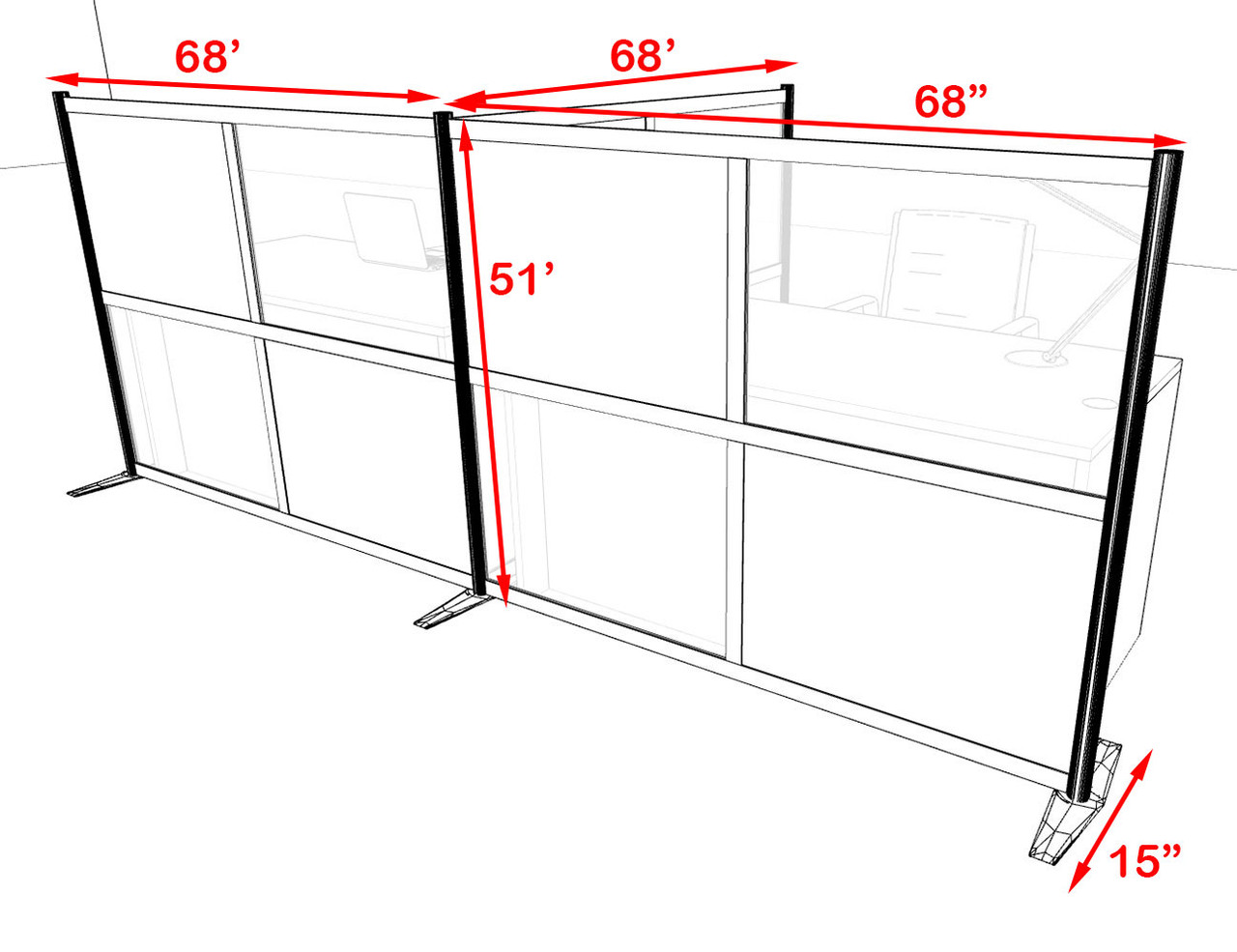 One T Shaped Loft Modern Office Home Aluminum Frame Partition / Divider / Sneeze Guard, #UT-ALU-P49-C