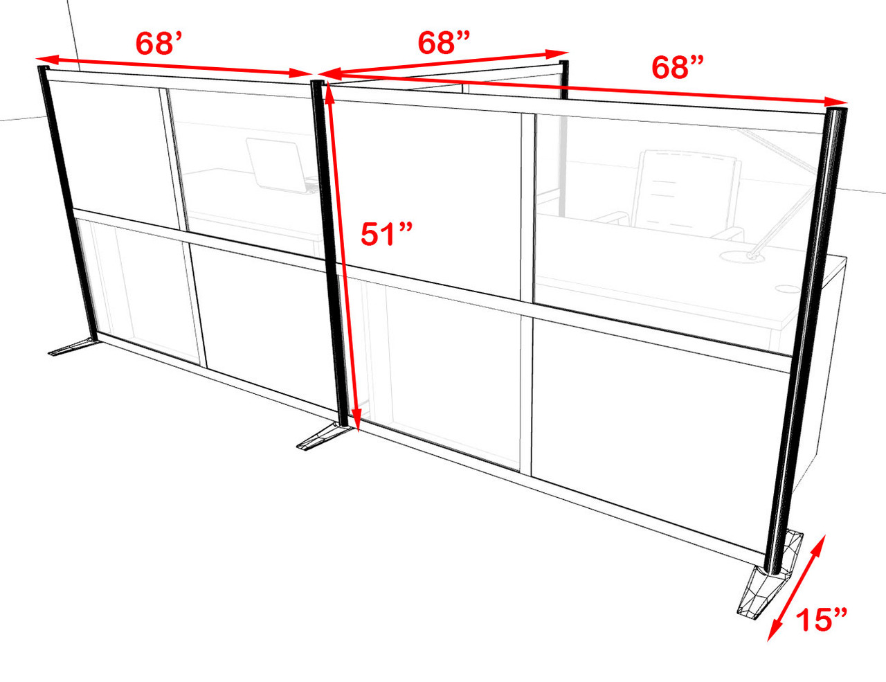 One T Shaped Loft Modern Office Home Aluminum Frame Partition / Divider / Sneeze Guard, #UT-ALU-P50-C