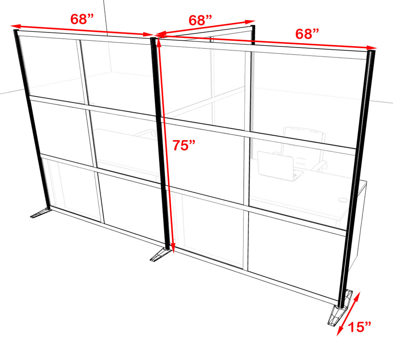 One T Shaped Loft Modern Office Home Aluminum Frame Partition / Divider / Sneeze Guard, #UT-ALU-P61-B