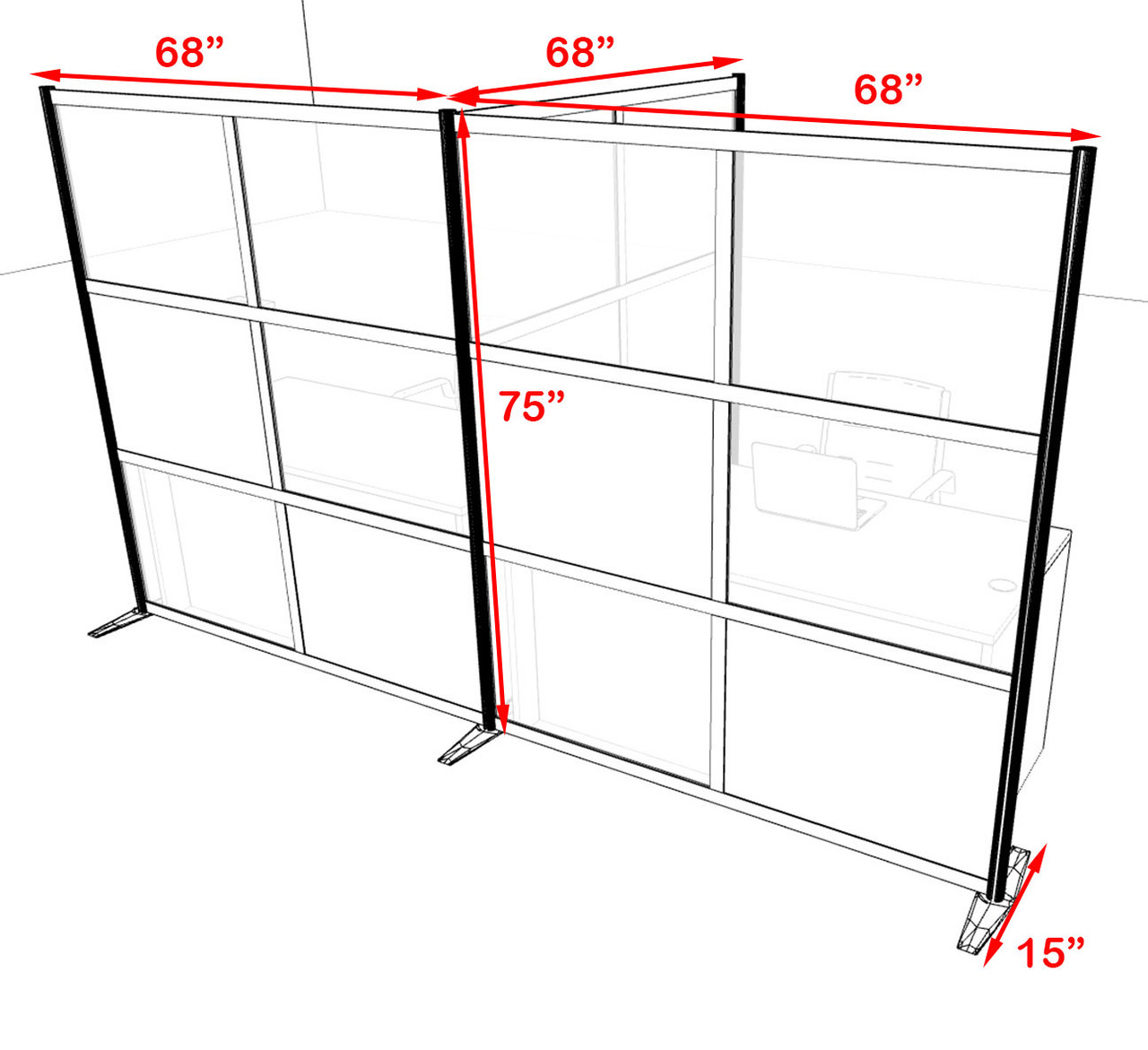 One T Shaped Loft Modern Office Home Aluminum Frame Partition / Divider / Sneeze Guard, #UT-ALU-P63-C