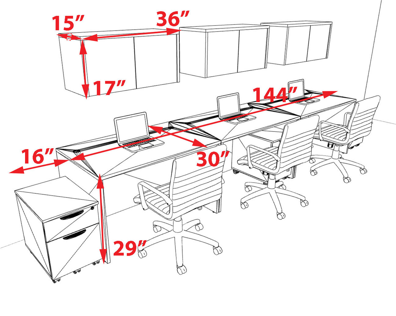 Three Person Modern No Panel Office Workstation Desk Set, #OT-SUS-SPN54