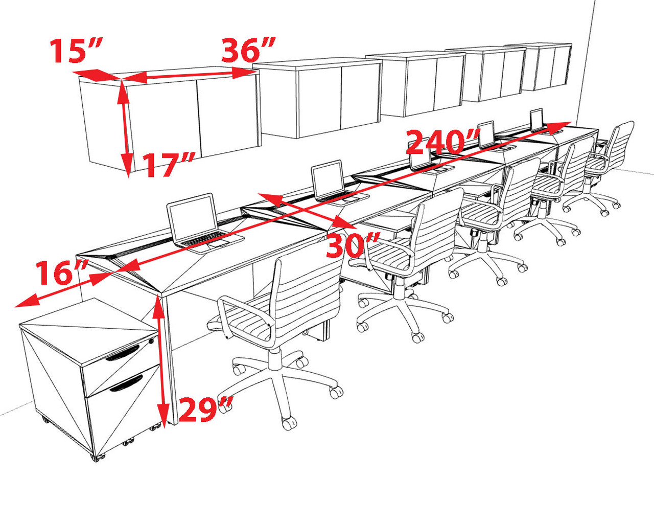 Five Person Modern No Panel Office Workstation Desk Set, #OT-SUS-SPN65
