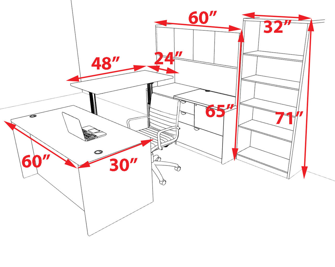 6pcs U Shaped 60"w X 102"d Modern Executive Office Desk, #OT-SUS-UH74