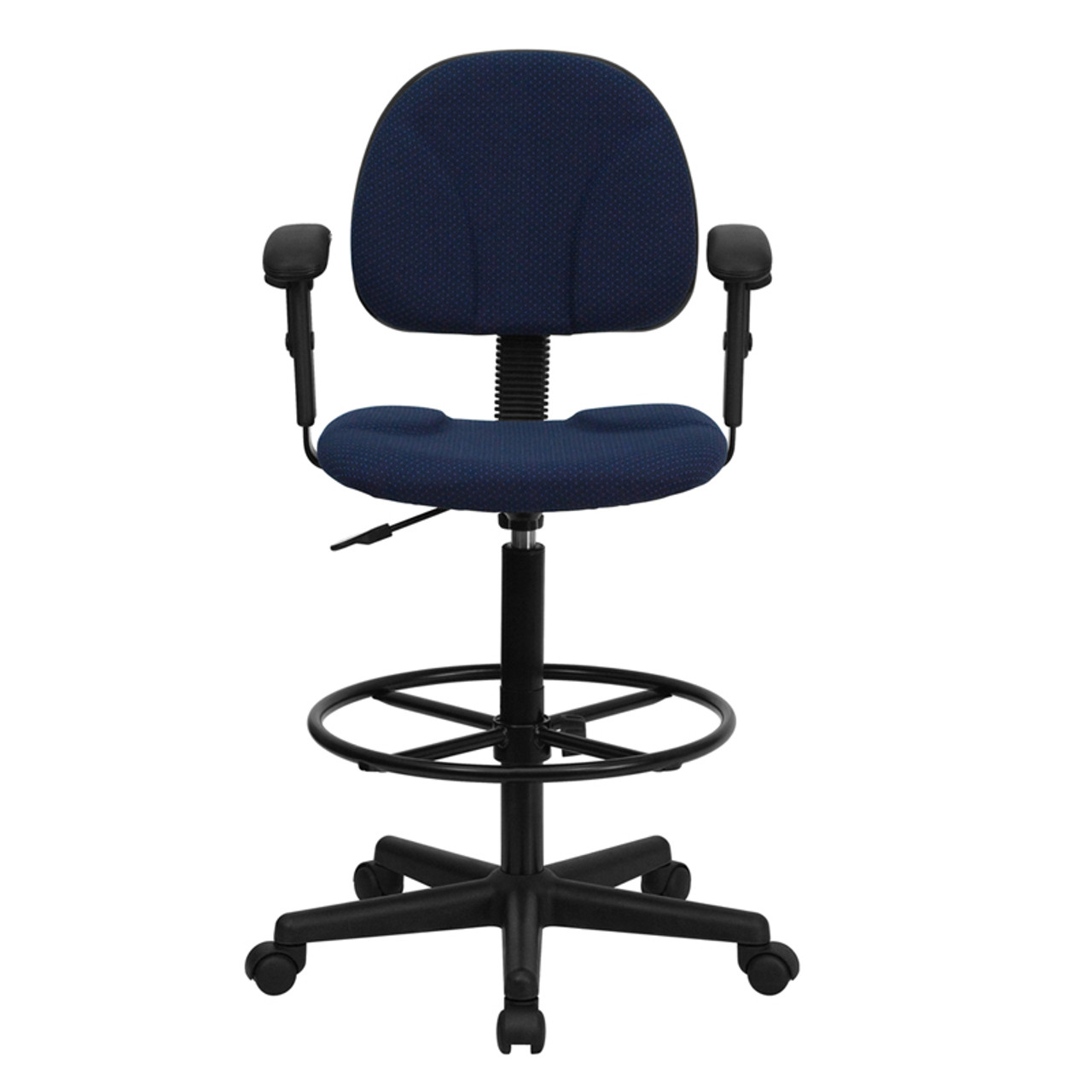 Navy Blue Patterned Fabric Ergonomic Drafting Stool with Arms (Adjustable Range 26''-30.5''H or 22.5''-27''H) , #FF-0513-14