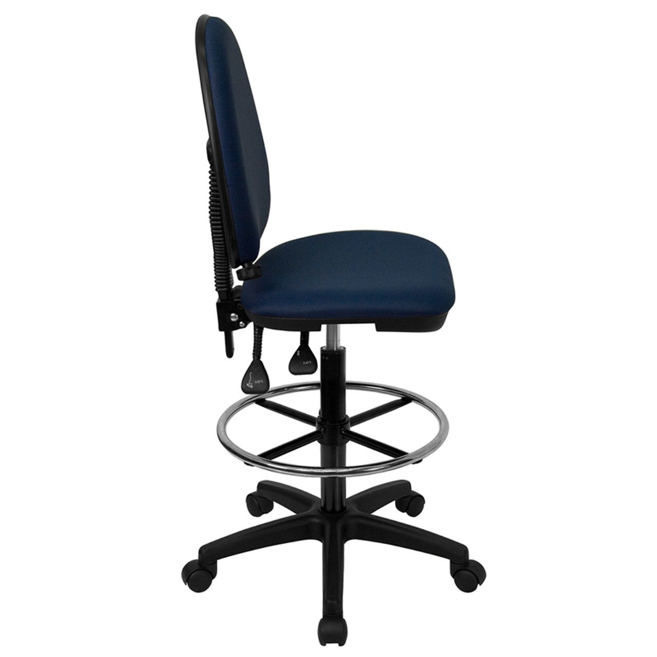 Mid-Back Navy Blue Fabric Multi-Functional Drafting Stool with Adjustable Lumbar Support , #FF-0516-14