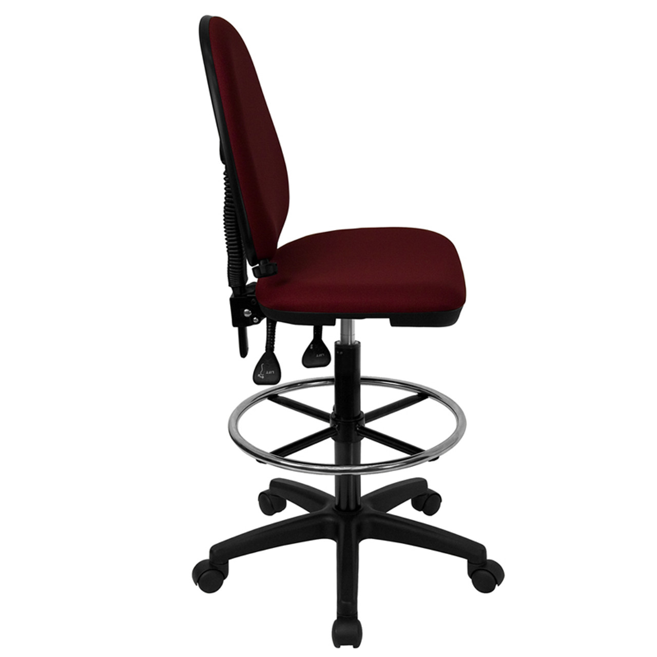 Mid-Back Burgundy Fabric Multi-Functional Drafting Stool with Adjustable Lumbar Support , #FF-0517-14