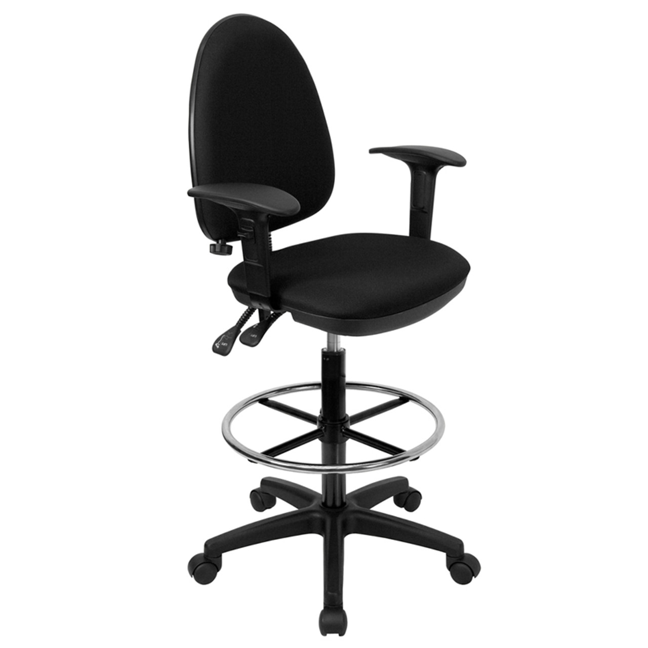 Mid-Back Black Fabric Multi-Functional Drafting Stool with Arms and Adjustable Lumbar Support , #FF-0518-14