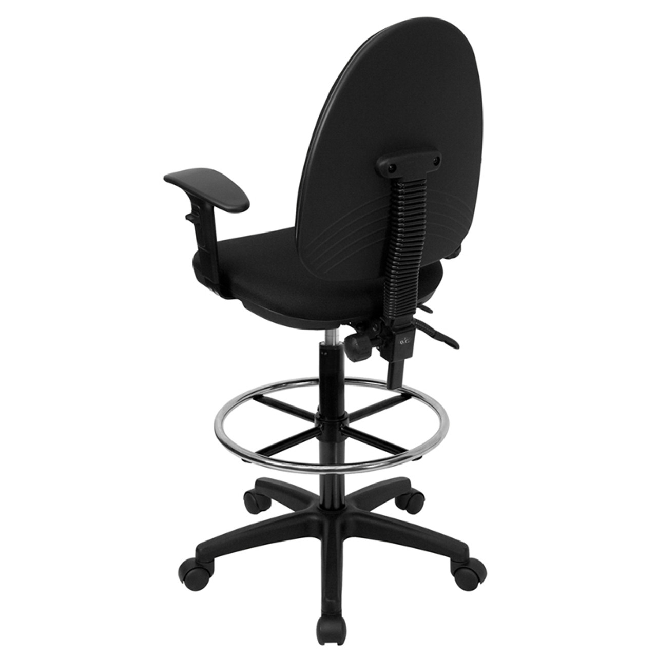 Mid-Back Black Fabric Multi-Functional Drafting Stool with Arms and Adjustable Lumbar Support , #FF-0518-14