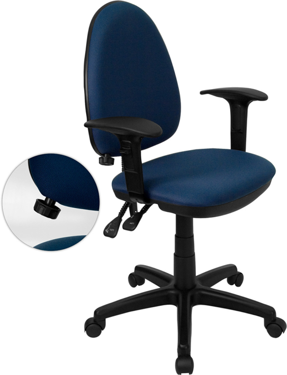 Mid-Back Navy Blue Fabric Multi-Functional Task Chair with Arms and Adjustable Lumbar Support , #FF-0345-14