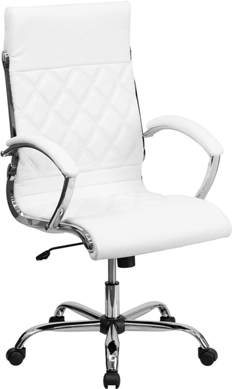 High Back Designer White Leather Executive Office Chair with Chrome Base , #FF-0162-14