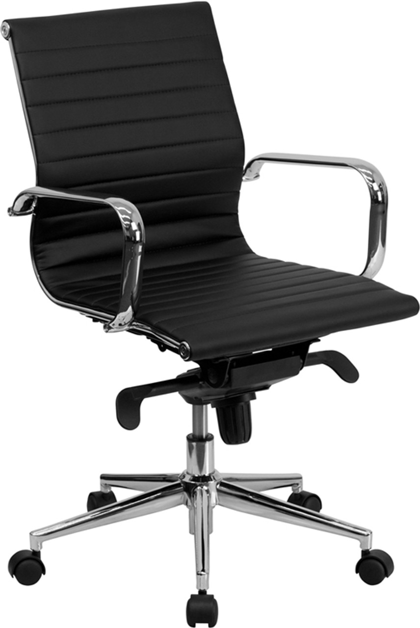 Mid-Back Black Ribbed Upholstered Leather Conference Chair , #FF-0167-14