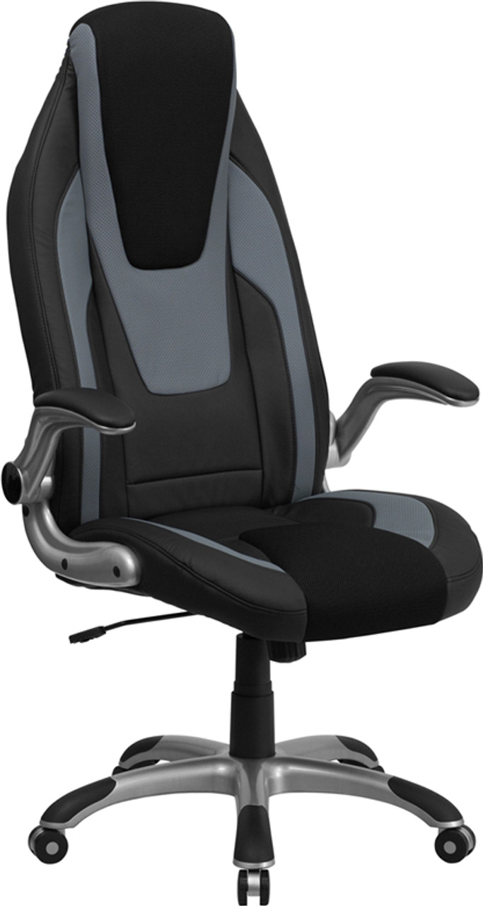 High Back Black & Gray Vinyl Executive Office Chair with Black Mesh Insets and Flip Up Arms , #FF-0272-14
