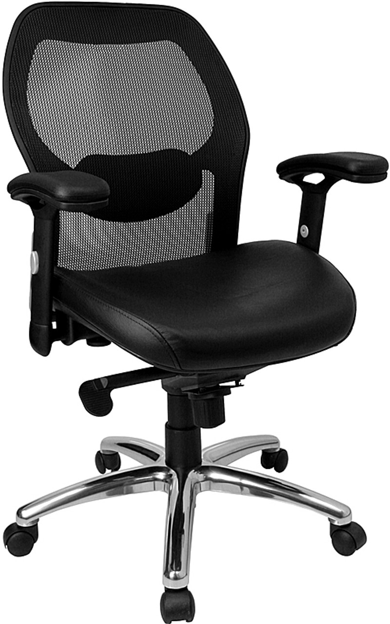Mid-Back Super Mesh Office Chair with Black Italian Leather Seat and Knee Tilt Control , #FF-0029-14