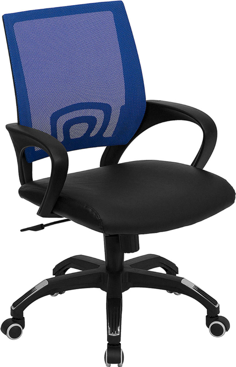 Mid-Back Blue Mesh Computer Chair with Black Leather Seat , #FF-0077-14