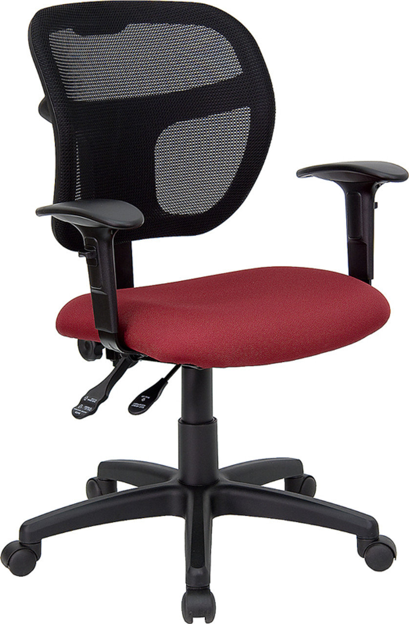 Mid-Back Mesh Task Chair with Burgundy Fabric Seat and Arms , #FF-0085-14