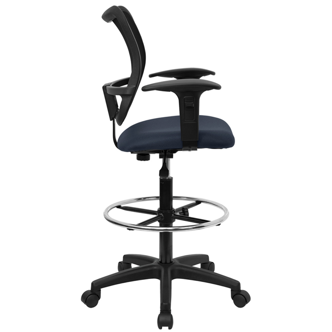 Mid-Back Mesh Drafting Stool with Navy Blue Fabric Seat and Arms , #FF-0525-14