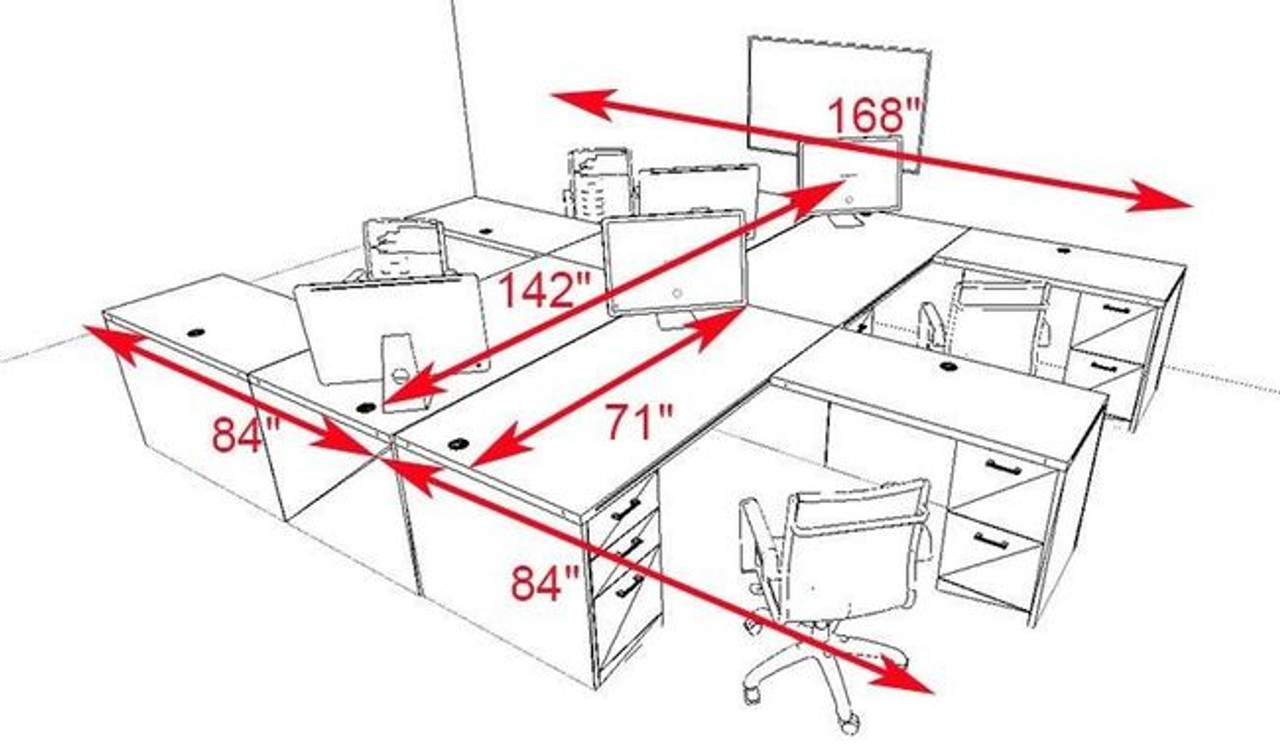 Four Persons Modern Executive Office Workstation Desk Set, #CH-AMB-F6