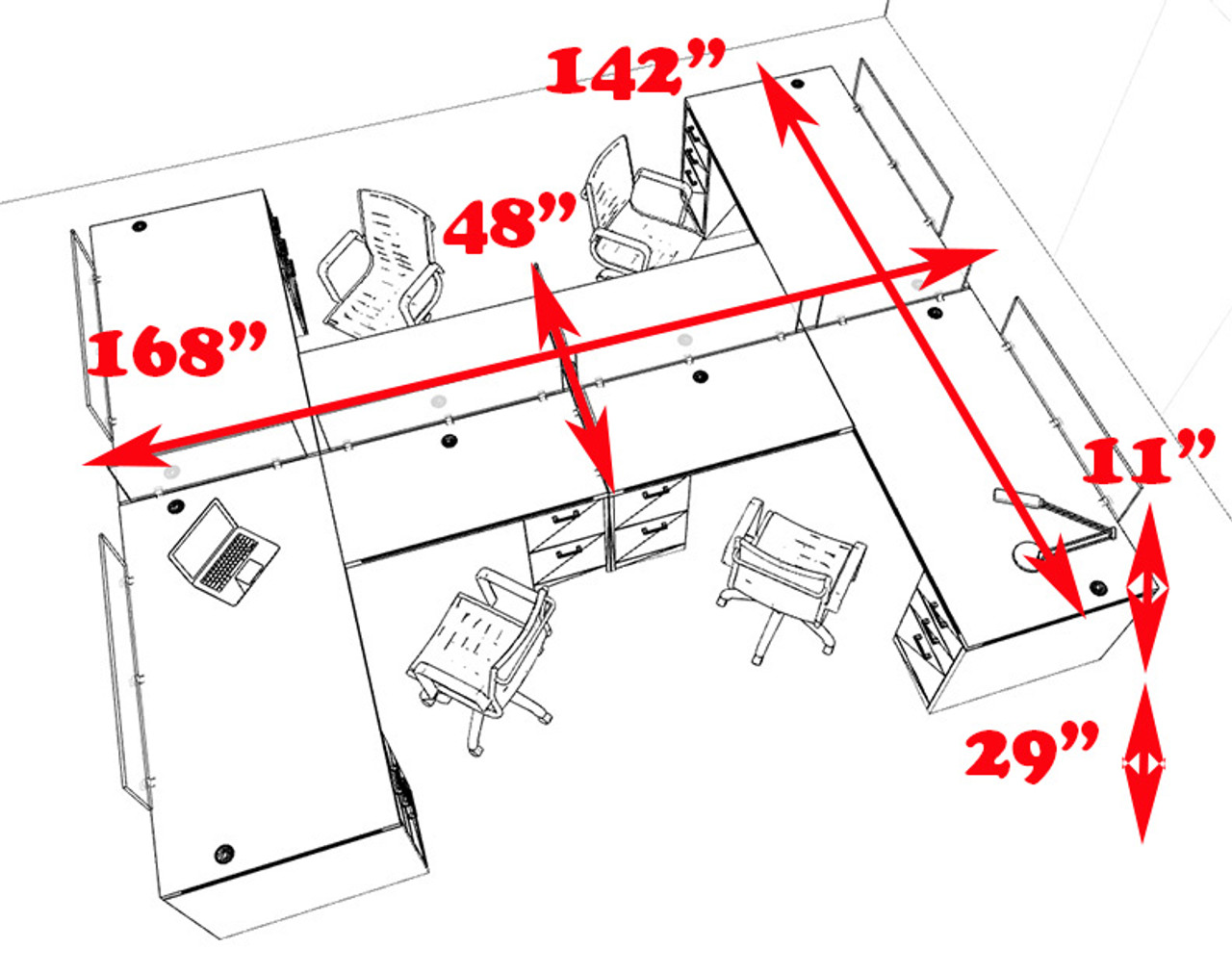 Four Person L Shaped Modern Divider Office Workstation Desk Set, #CH-AMB-SP46