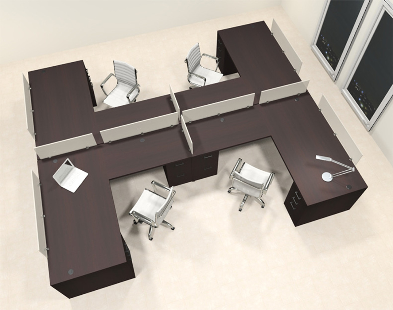 Four Person L Shaped Modern Divider Office Workstation Desk Set, #CH-AMB-SP47