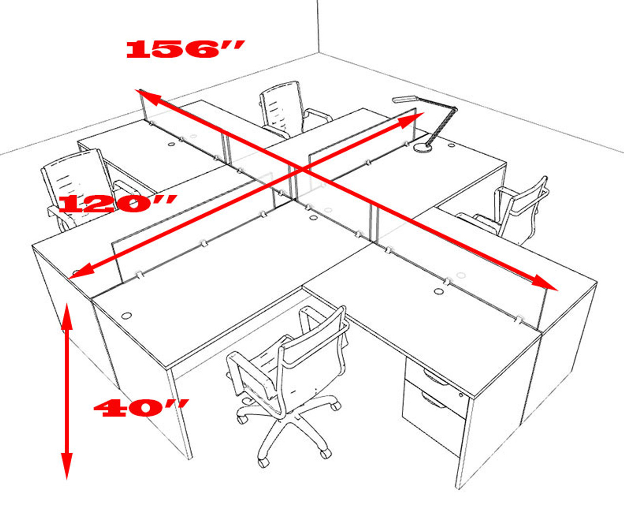 Four Person L Shaped Divider Office Workstation Desk Set, #OT-SUL-FP41