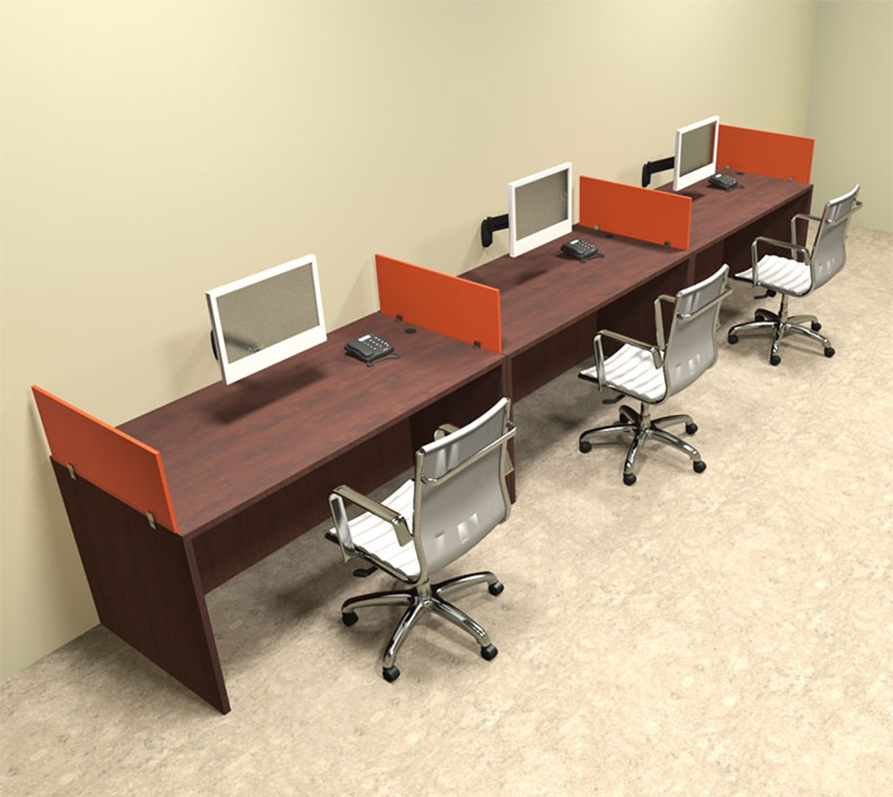 Three Person Orange Divider Office Workstation Desk Set, #OT-SUL-SPO6