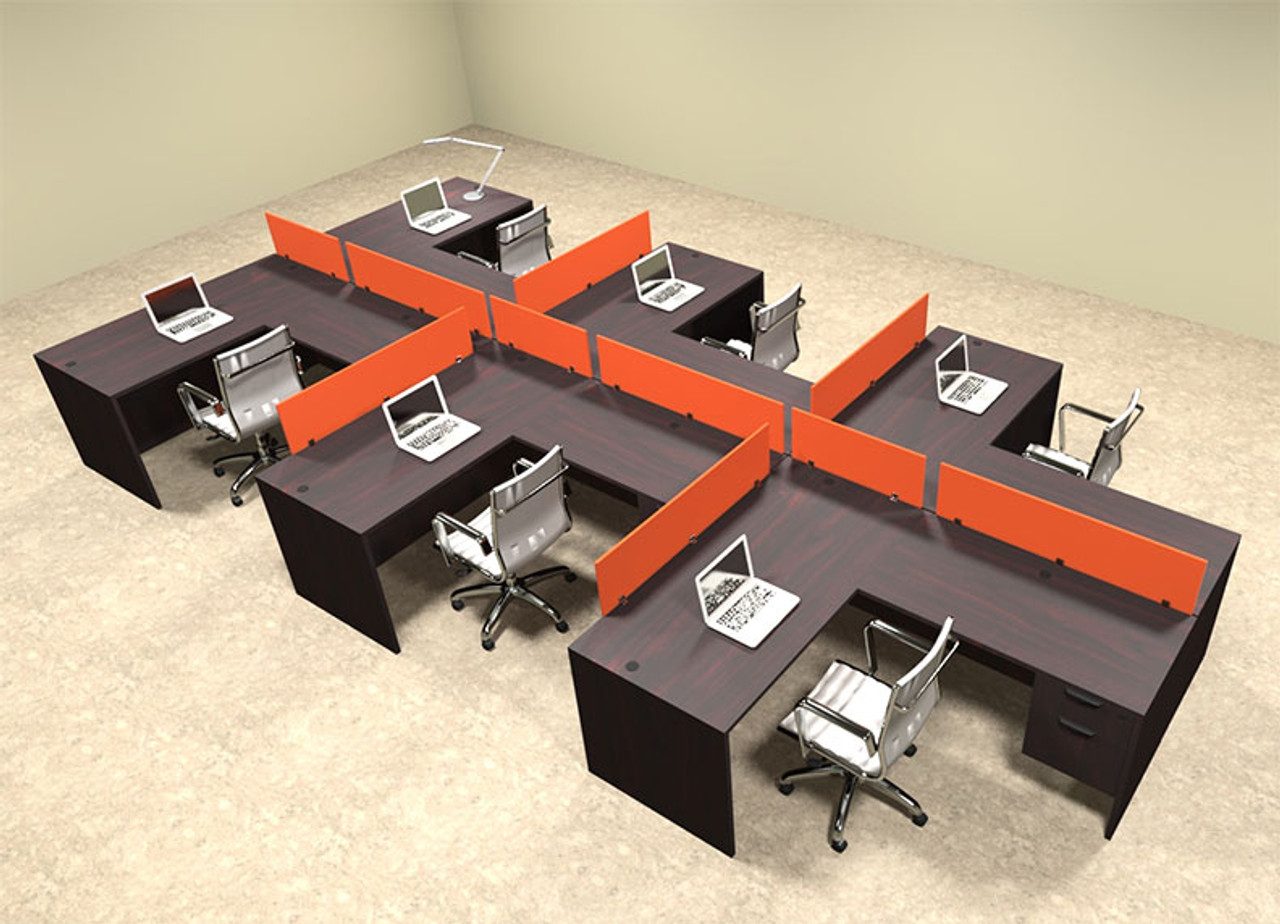 Six Person Orange Divider Office Workstation Desk Set, #OT-SUL-SPO63