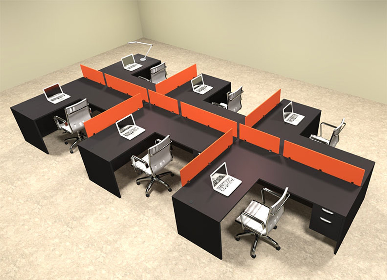 Six Person Orange Divider Office Workstation Desk Set, #OT-SUL-SPO64