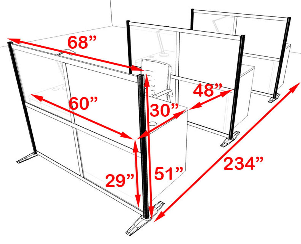 Three Person Workstation w/Acrylic Aluminum Privacy Panel, #OT-SUL-HPB72