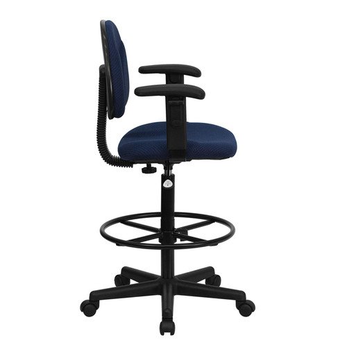 Navy Blue Patterned Fabric Ergonomic Drafting Stool with Arms (Adjustable Range 26''-30.5''H or 22.5''-27''H) , #FF-0513-14