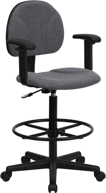 Gray Fabric Ergonomic Drafting Stool with Arms (Adjustable Range 26''-30.5''H or 22.5''-27''H) , #FF-0514-14