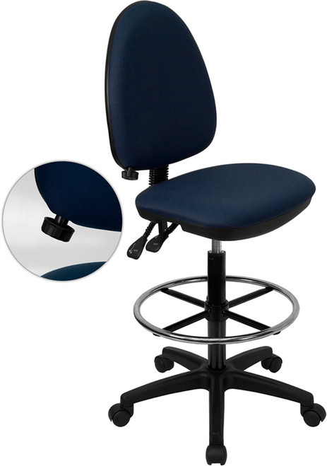 Mid-Back Navy Blue Fabric Multi-Functional Drafting Stool with Adjustable Lumbar Support , #FF-0516-14